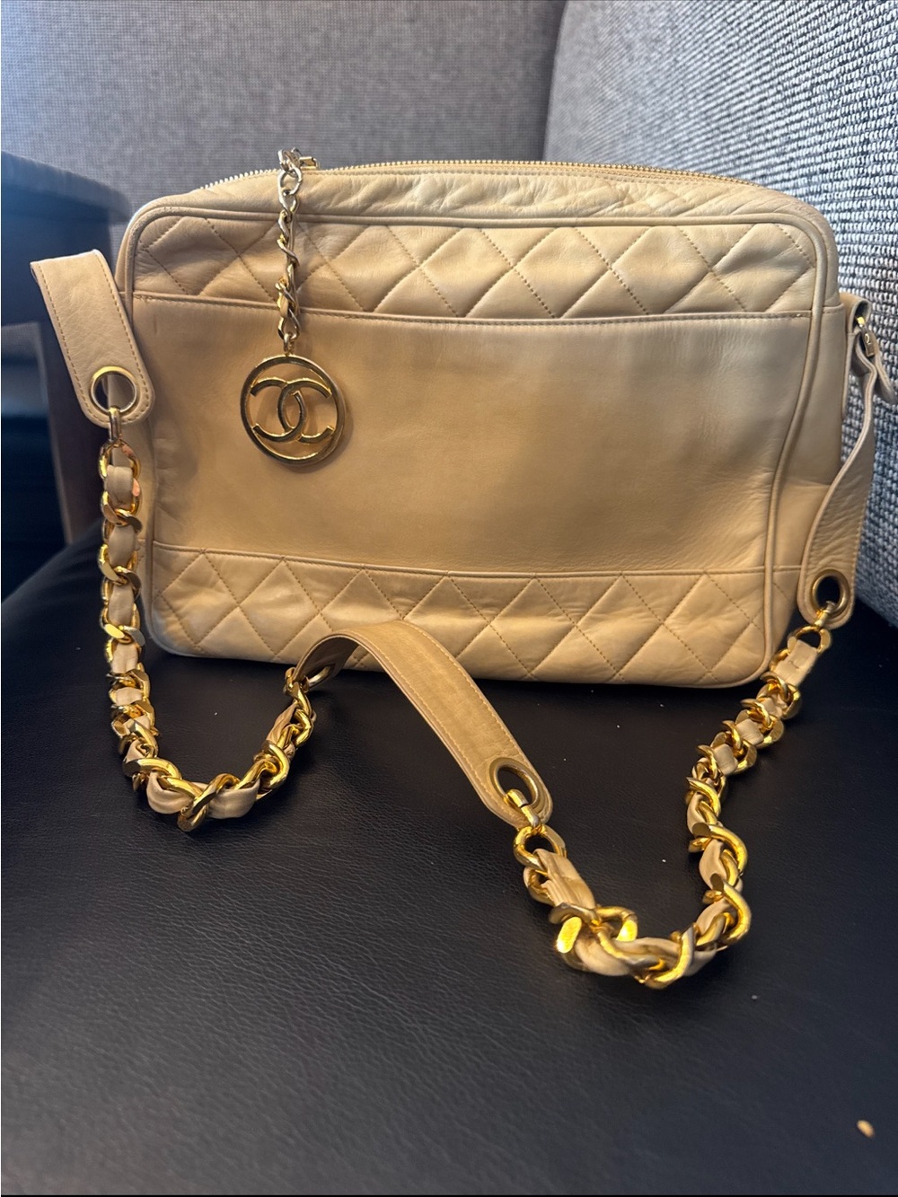 Vintage CHANEL Beige Quilted Leather Shoulder Bag with Gold Chain CC Charm